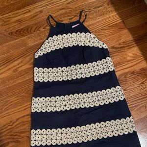 Lilly Shift Dress - navy with gold embellishment- zipper back - size 8
